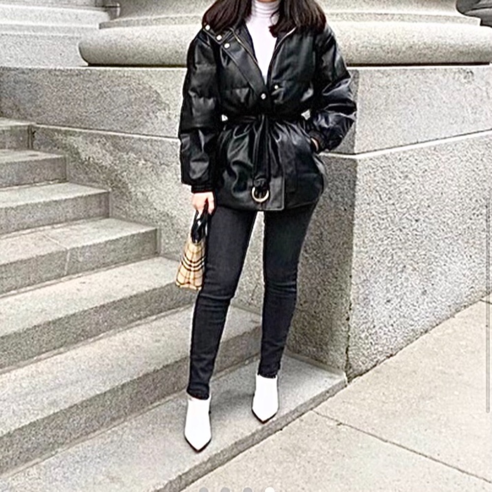 Vegan Leather Puffer Jacket + Belt